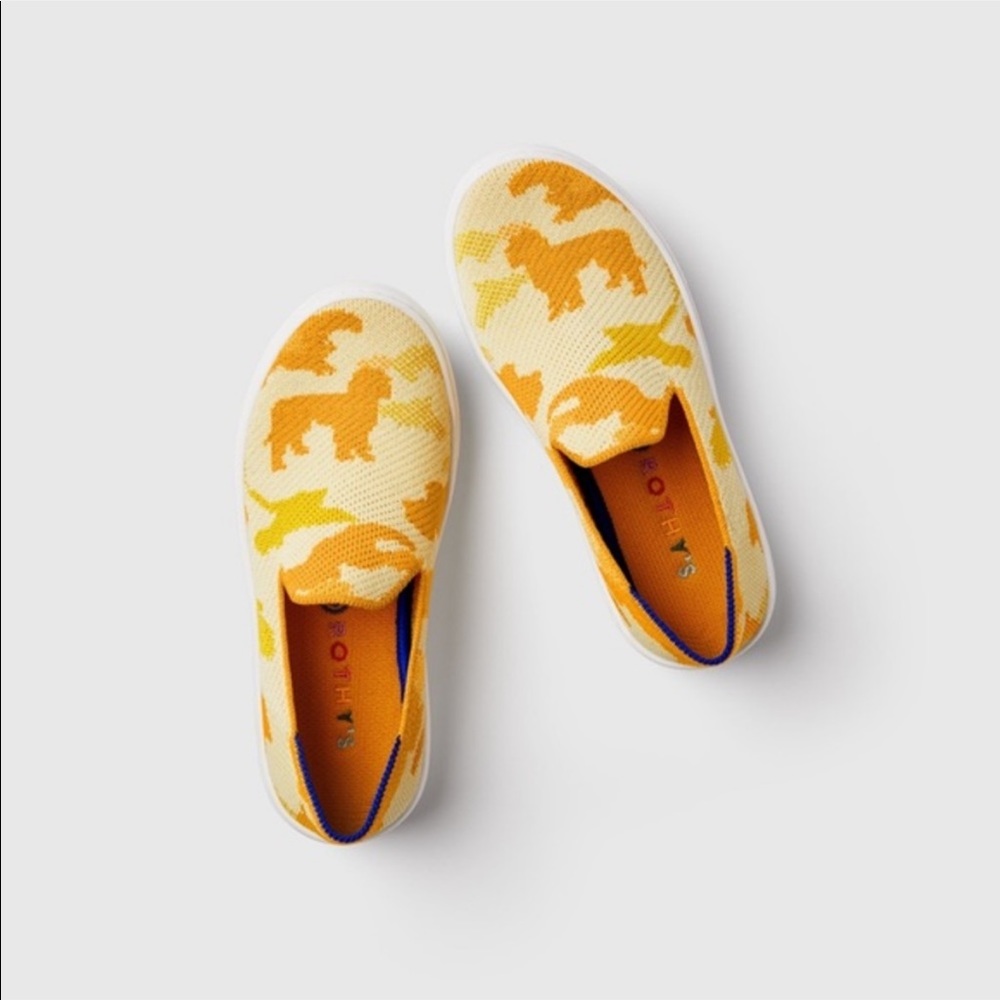 Rothy’s Yellow Puppy Camo Slip On Shoes